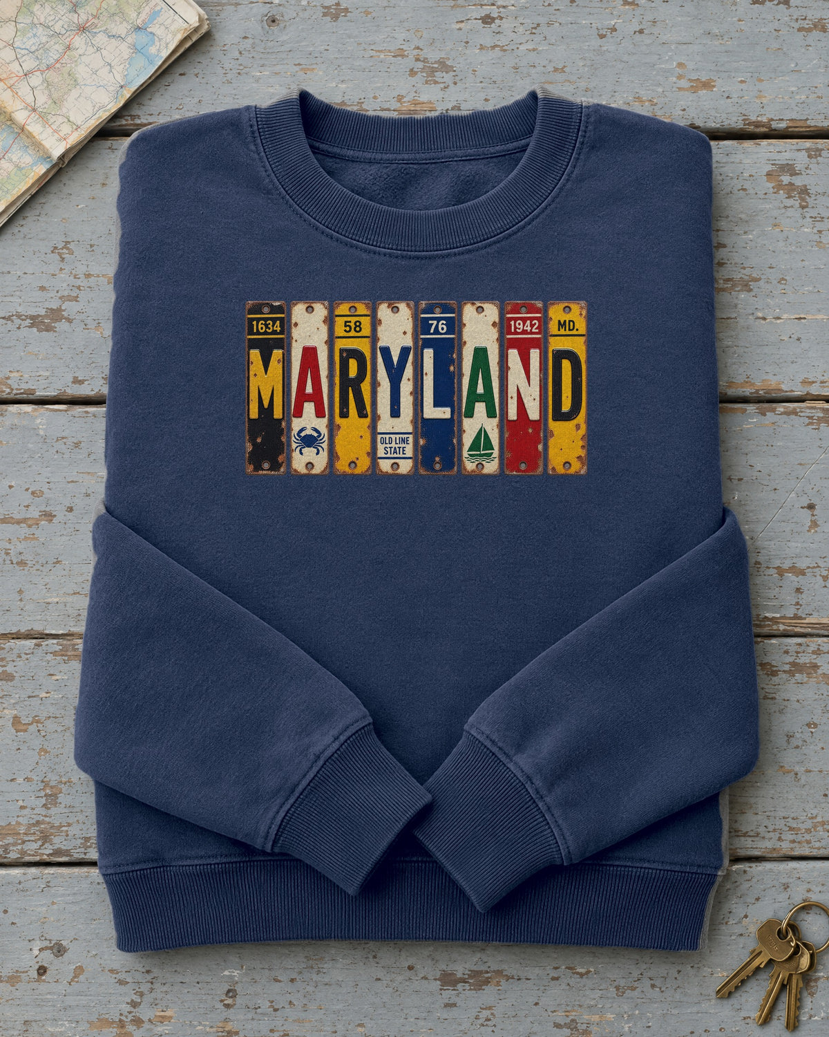 Maryland vintage license plate sweatshirt in True Navy