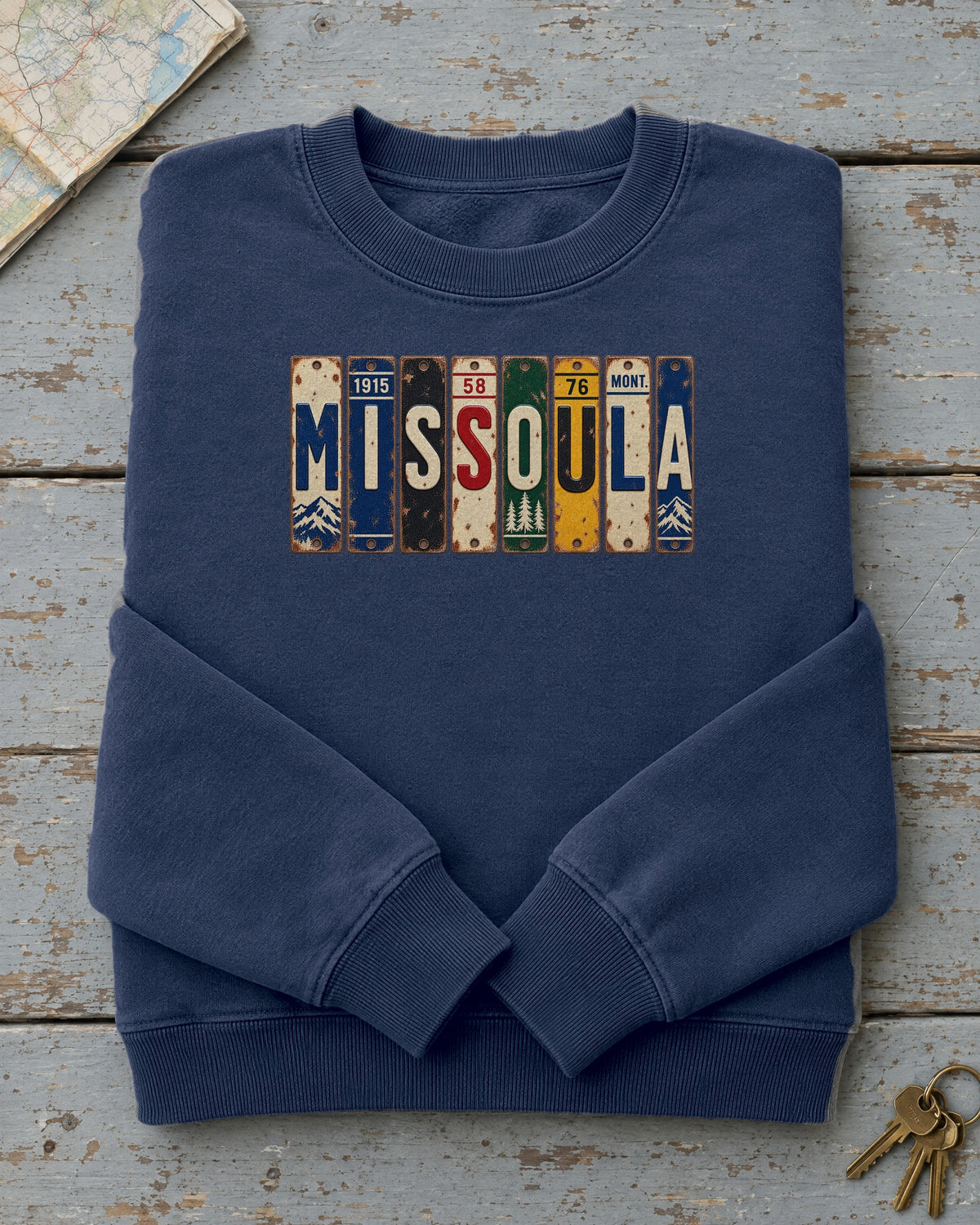 Missoula, Montana vintage license plate sweatshirt in True Navy