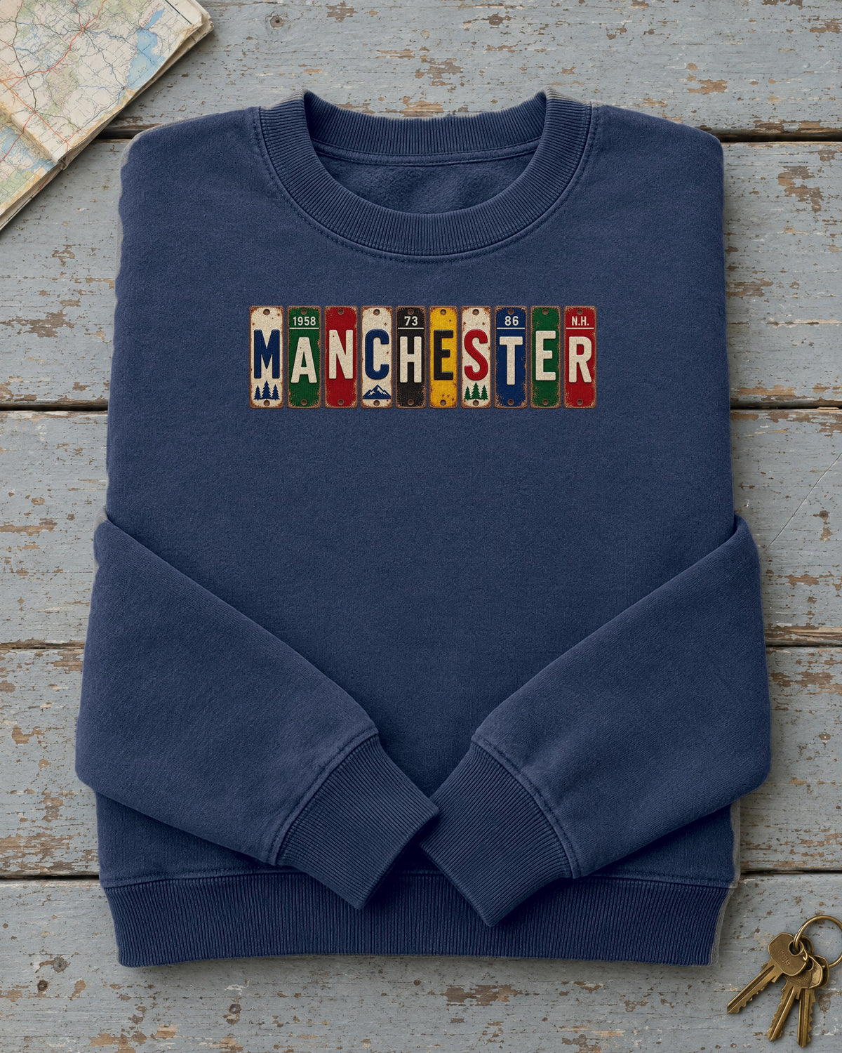 Manchester, New Hampshire vintage license plate sweatshirt in True Navy