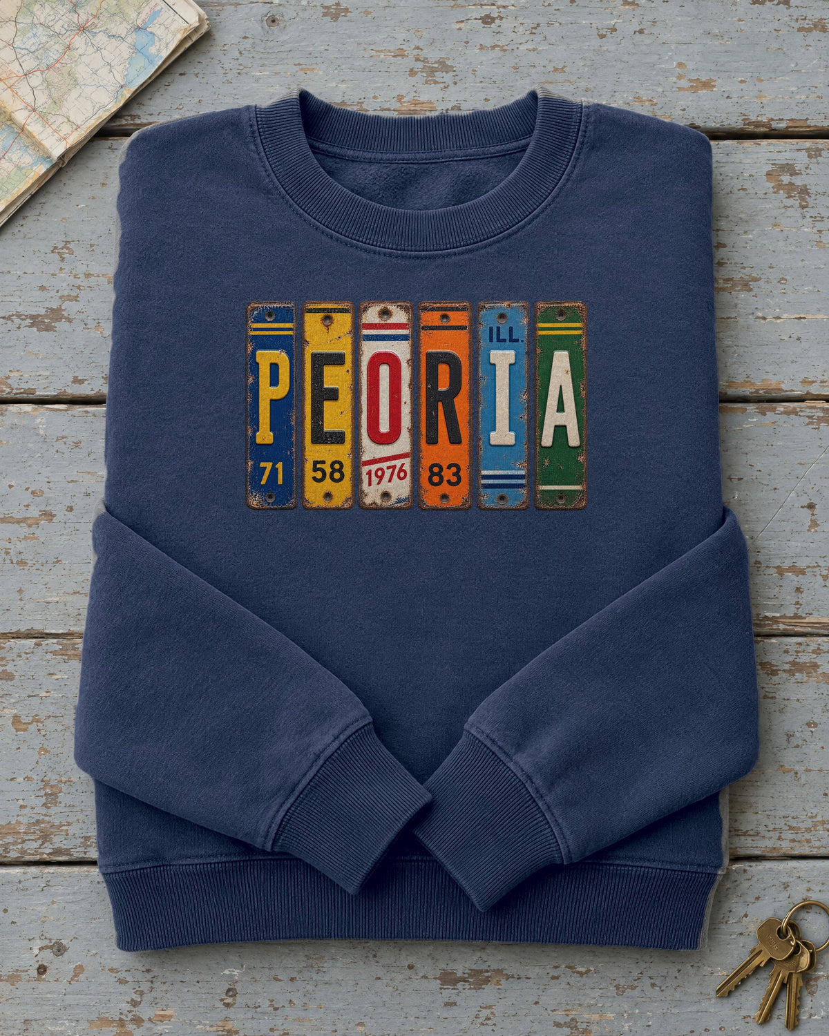 Peoria, Illinois vintage license plate sweatshirt in True Navy