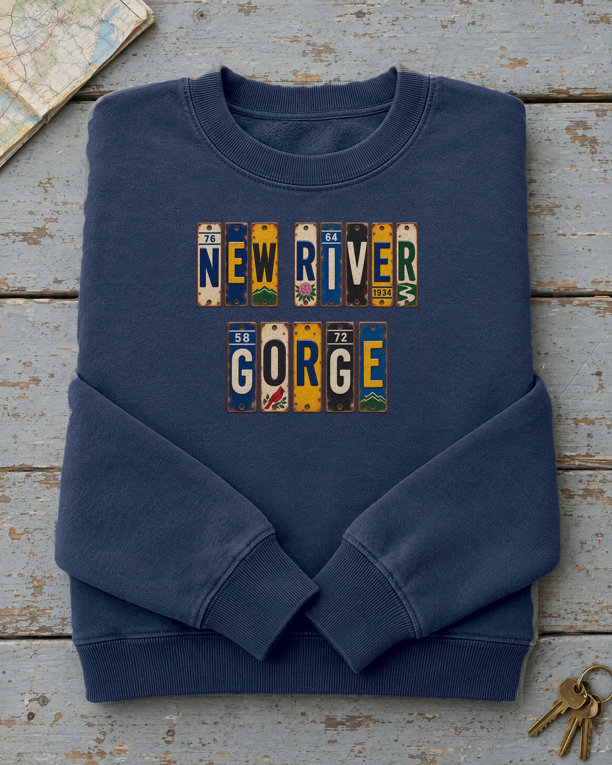 New River Gorge, West Virginia vintage license plate sweatshirt in True Navy