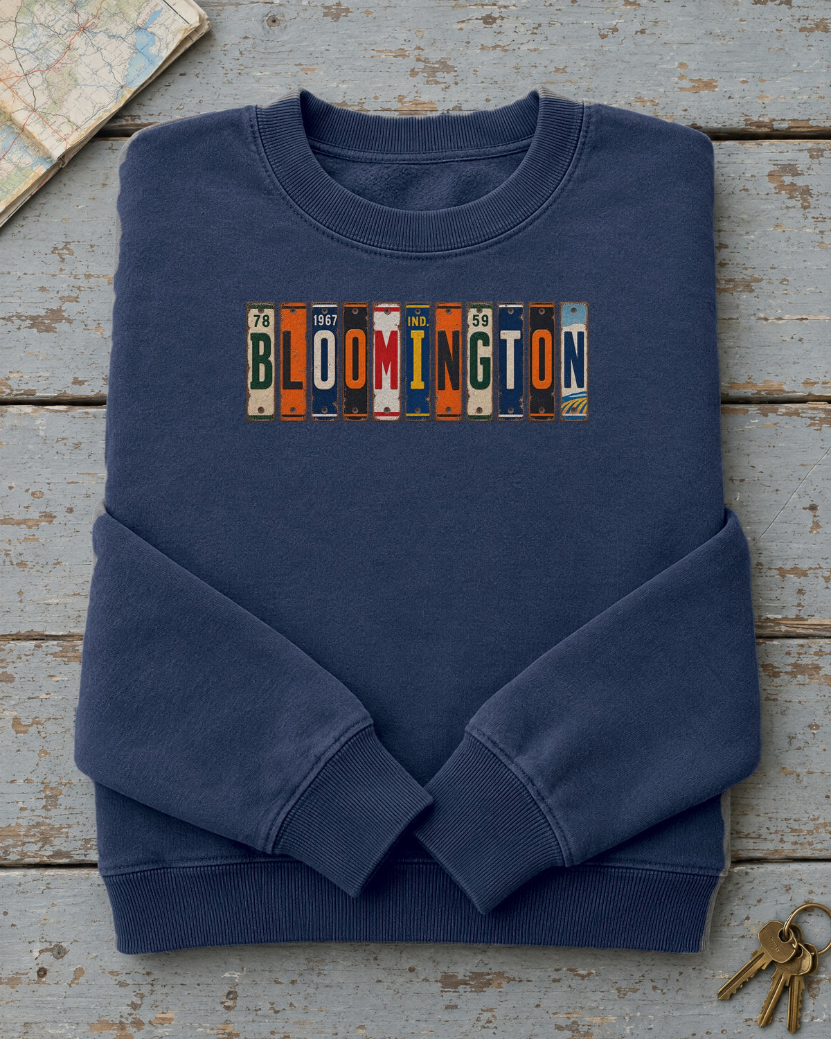 Bloomington, Indiana vintage license plate sweatshirt in True Navy