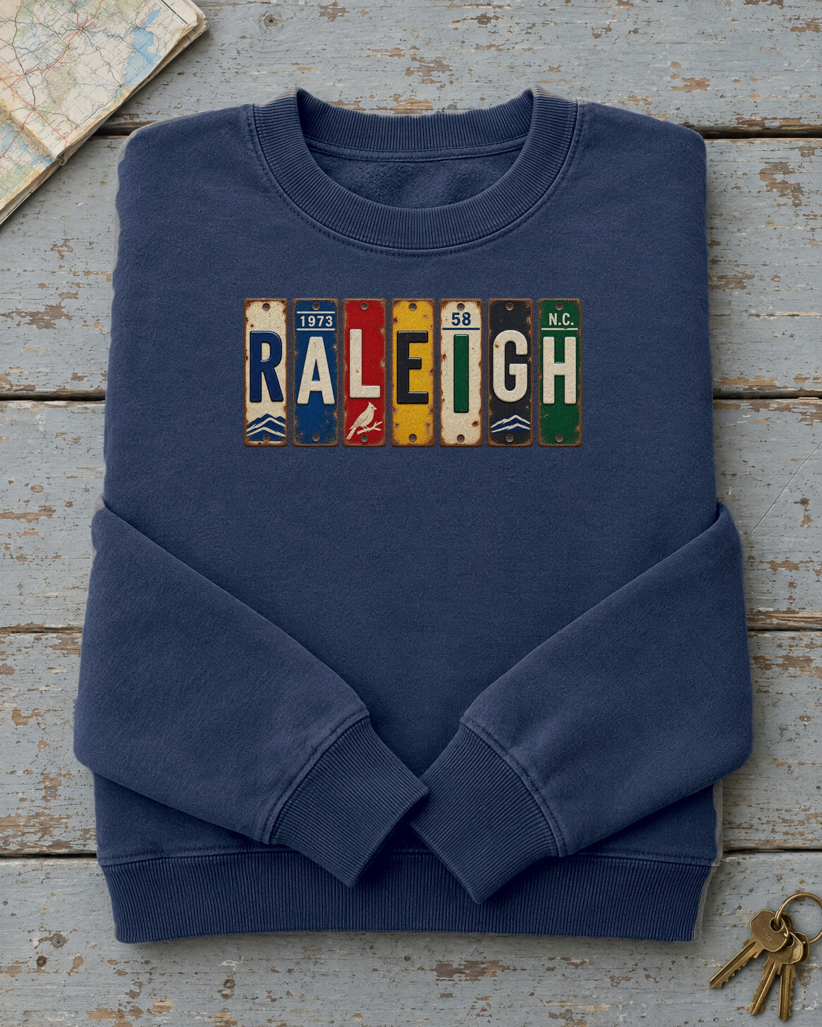 Raleigh, North Carolina vintage license plate sweatshirt in True Navy