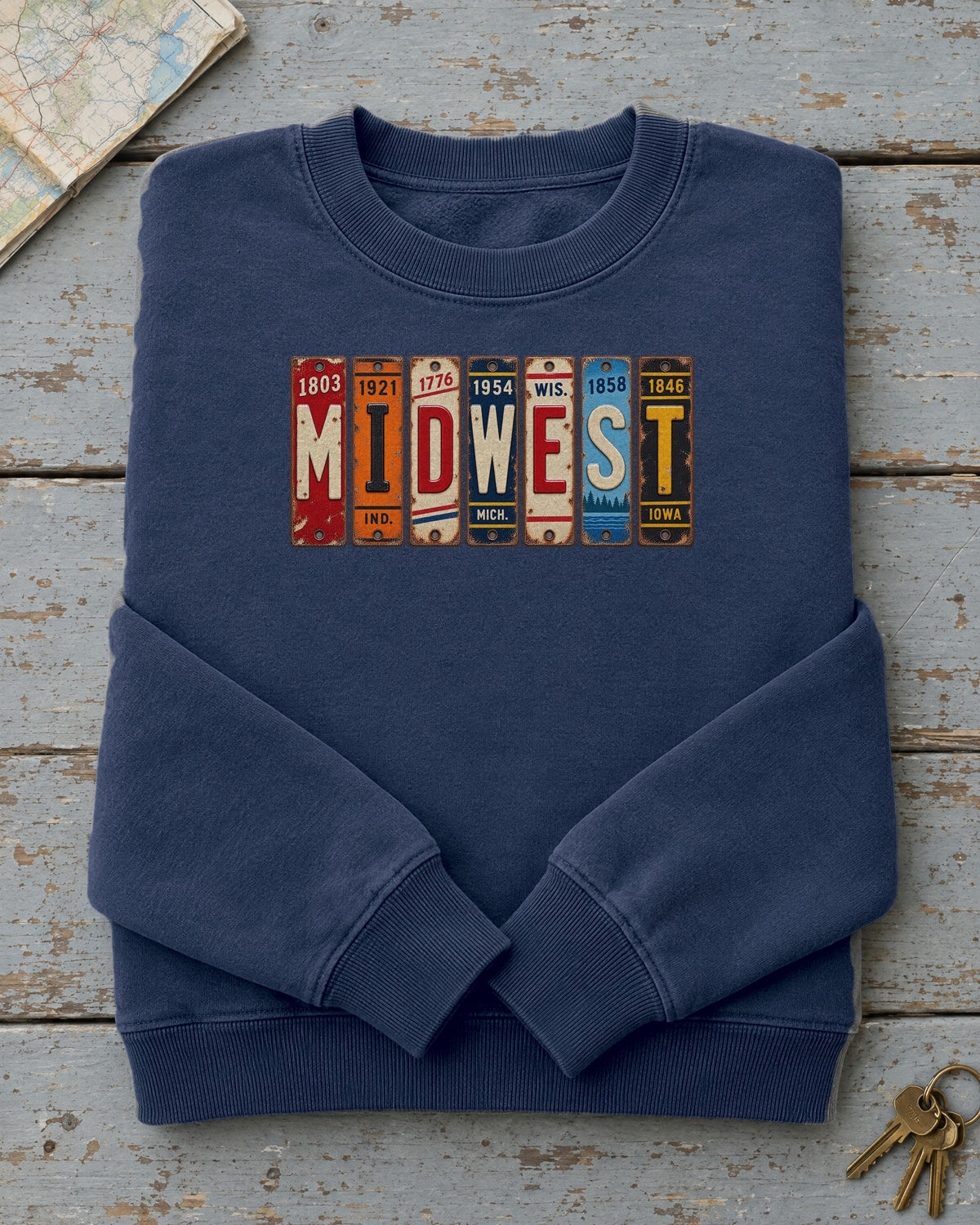 Midwest vintage license plate sweatshirt in True Navy