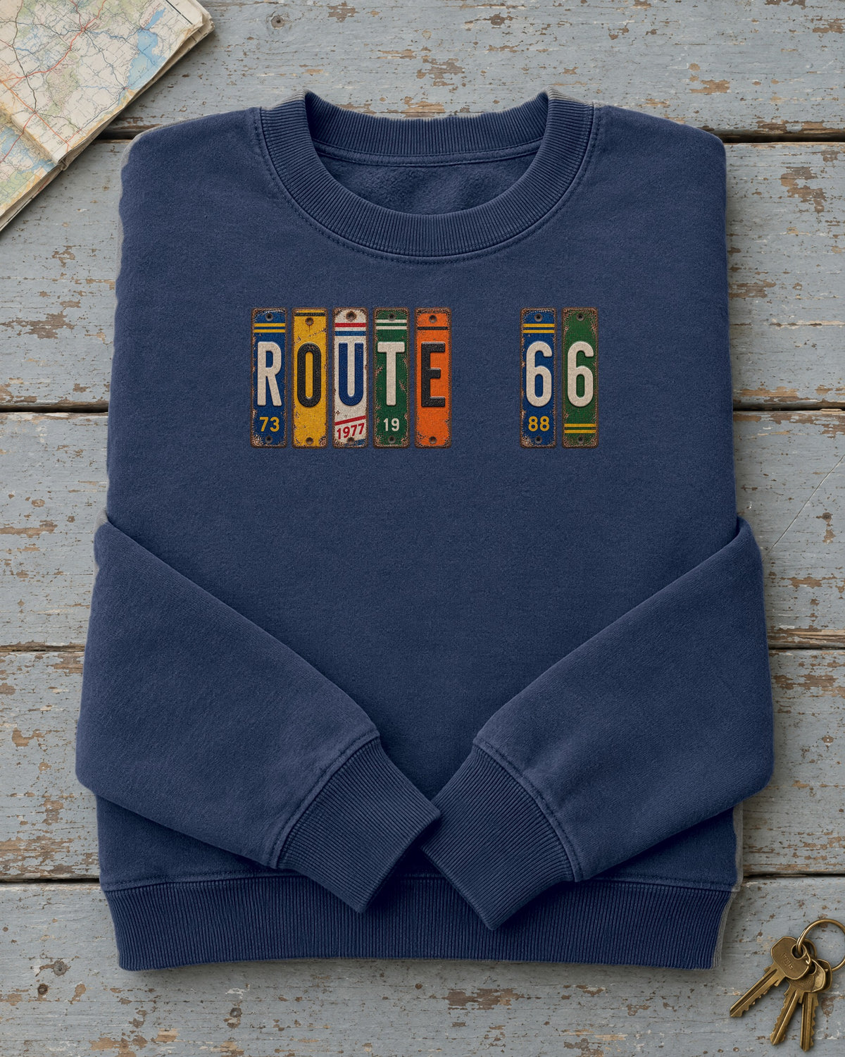 Route 66, Illinois vintage license plate sweatshirt in True Navy