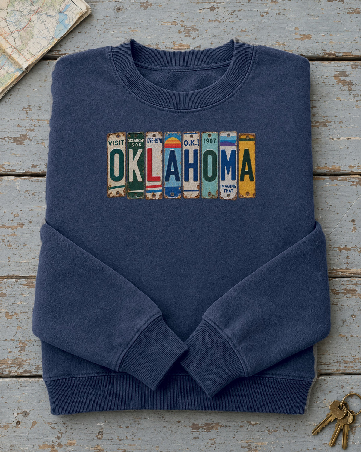 Oklahoma vintage license plate sweatshirt in True Navy