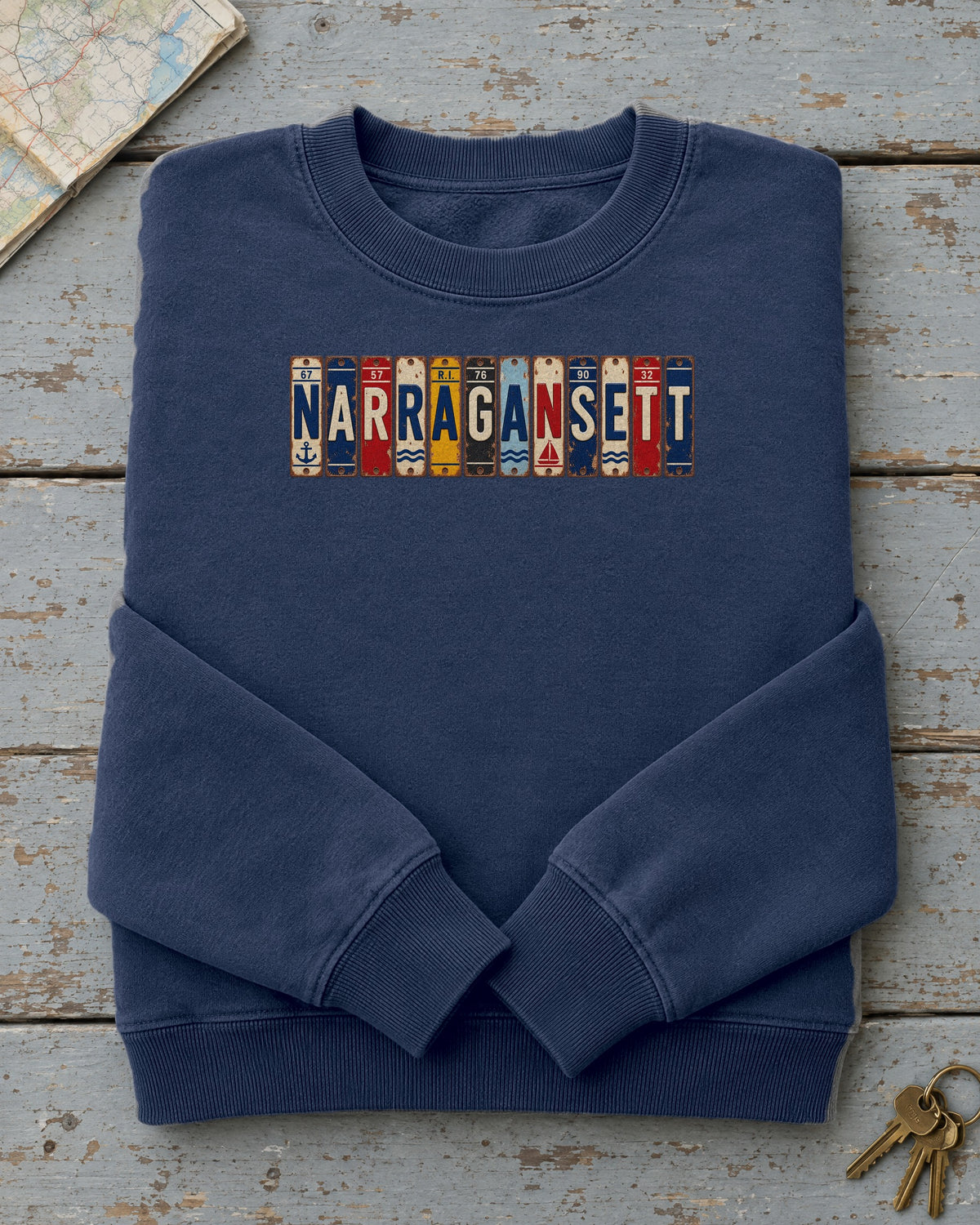 Narragansett, Rhode Island vintage license plate sweatshirt in True Navy
