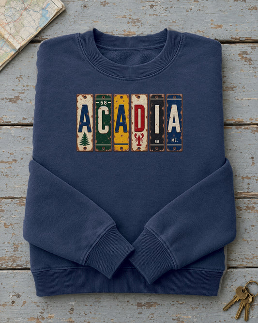 Acadia, Maine vintage license plate sweatshirt in True Navy