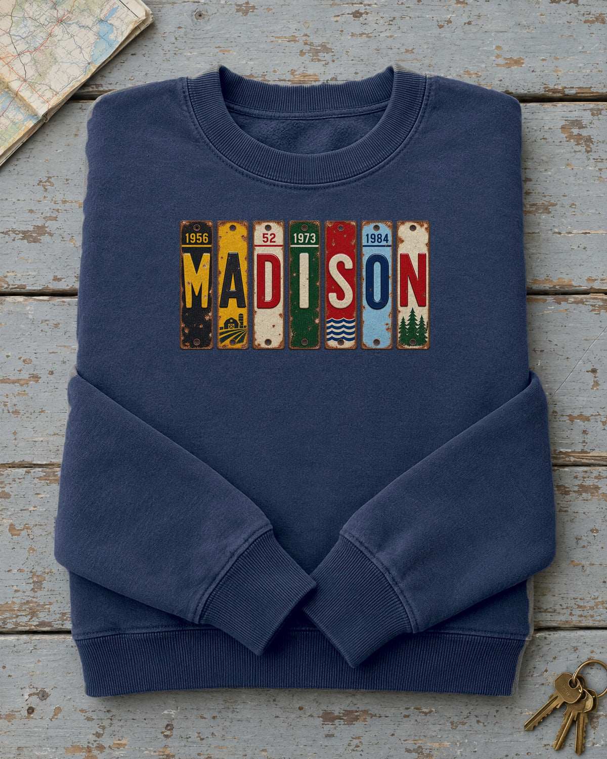 Madison, Wisconsin vintage license plate sweatshirt in True Navy