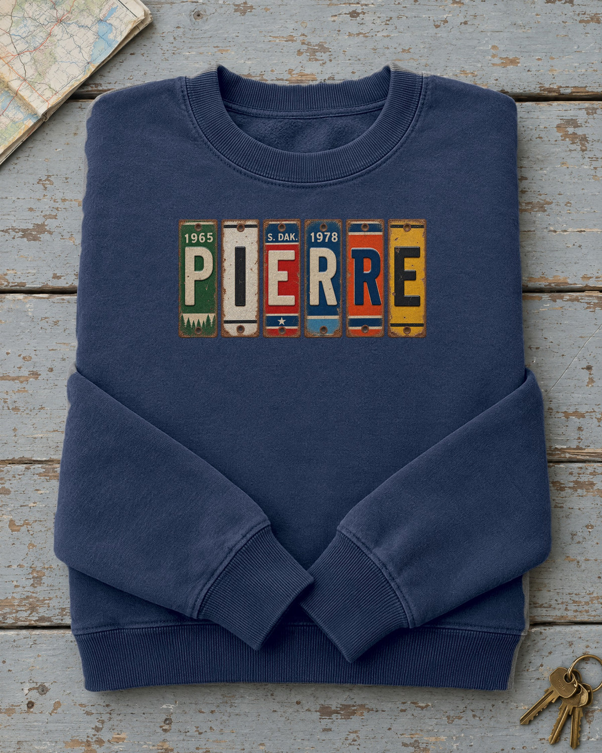 Pierre, South Dakota vintage license plate sweatshirt in True Navy