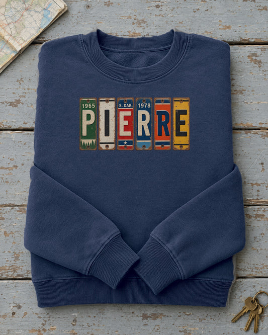 Pierre, South Dakota vintage license plate sweatshirt in True Navy