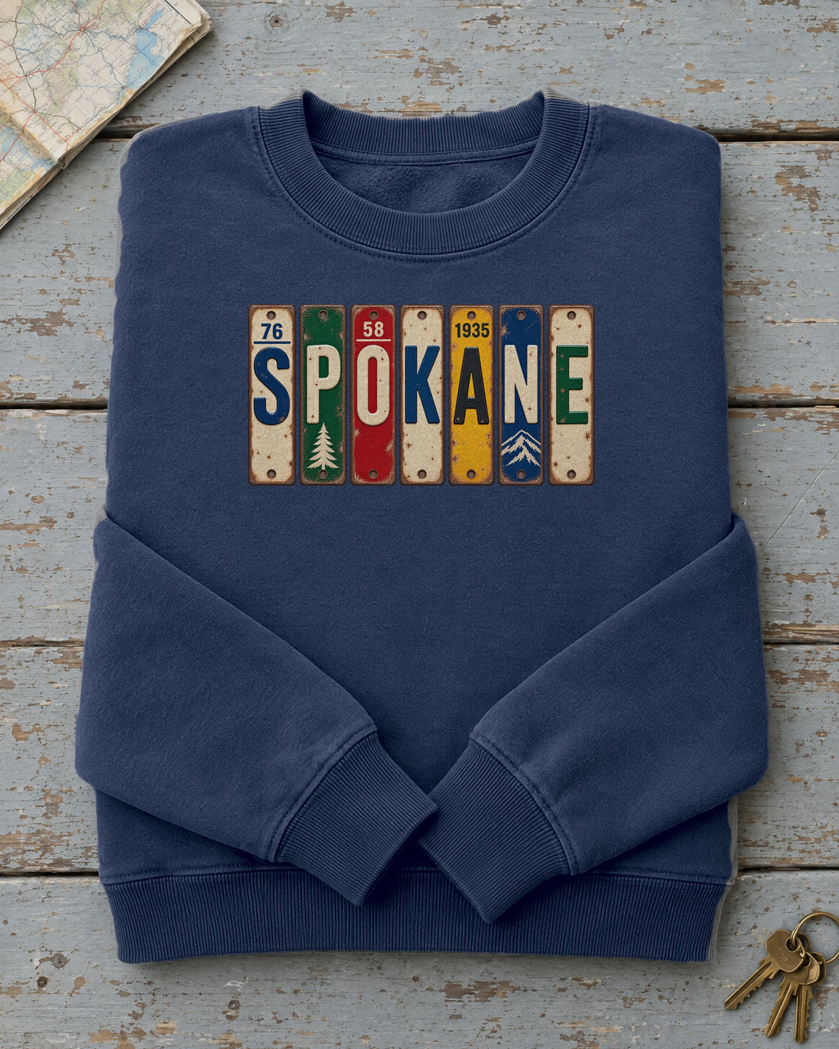Spokane, Washington vintage license plate sweatshirt in True Navy