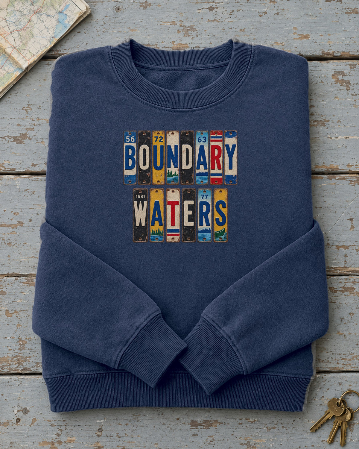 Boundary Waters, Minnesota vintage license plate sweatshirt in True Navy