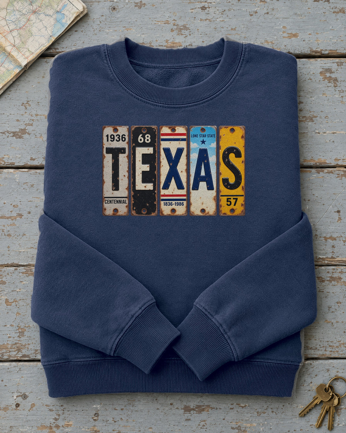 Texas vintage license plate sweatshirt in True Navy