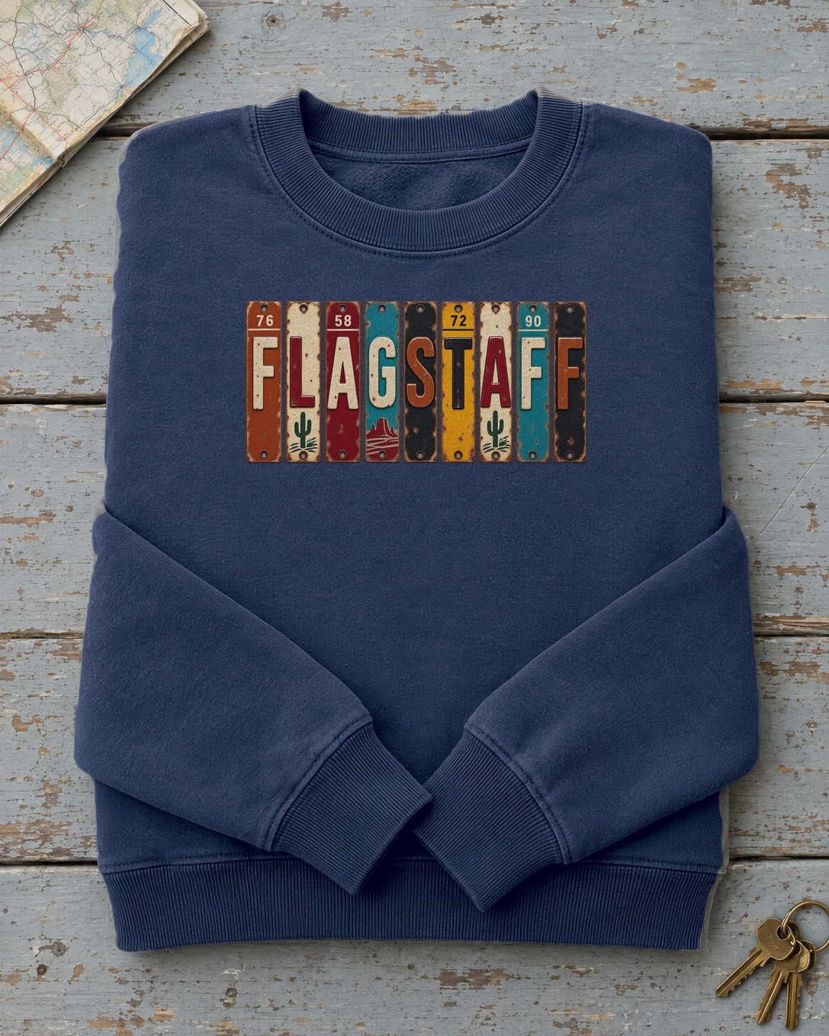 Flagstaff, Arizona vintage license plate sweatshirt in True Navy