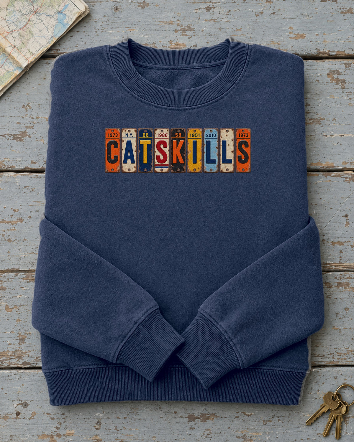Catskills, New York vintage license plate sweatshirt in True Navy