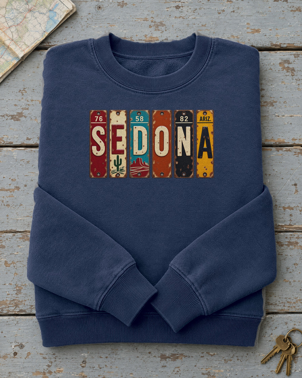 Sedona, Arizona vintage license plate sweatshirt in True Navy