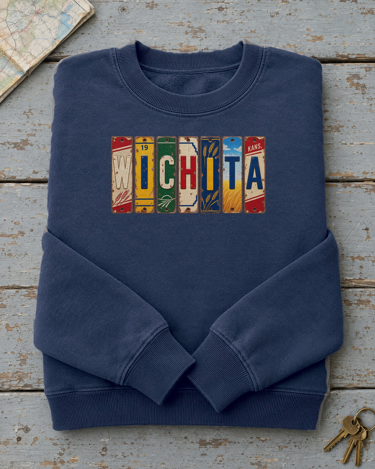Wichita, Kansas vintage license plate sweatshirt in True Navy