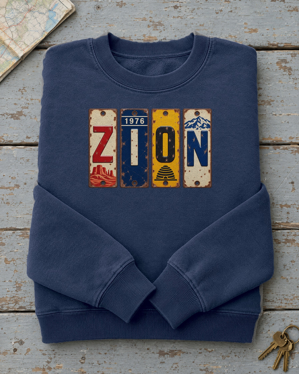 Zion, Utah vintage license plate sweatshirt in True Navy