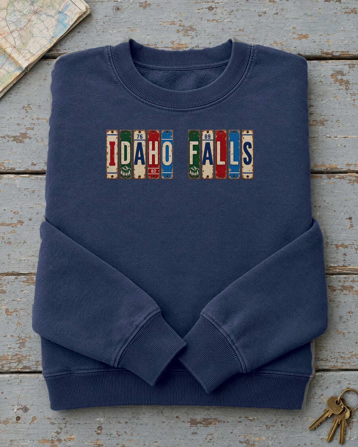 Idaho Falls, Idaho vintage license plate sweatshirt in True Navy