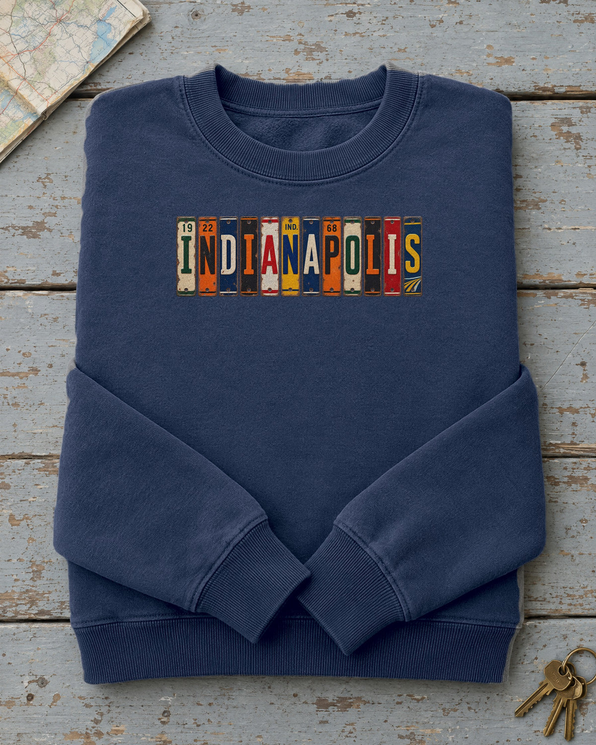 Indianapolis, Indiana vintage license plate sweatshirt in True Navy