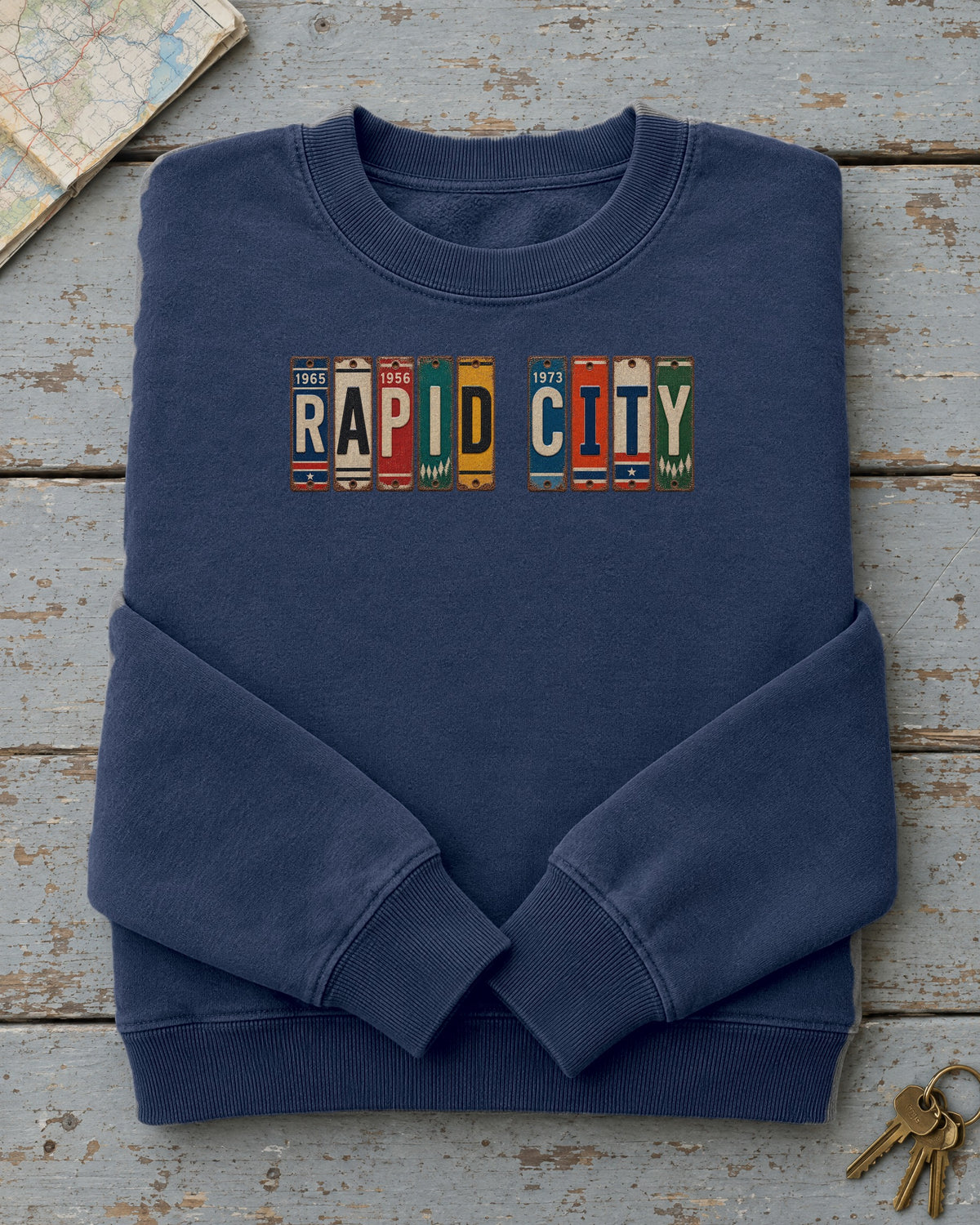 Rapid City, South Dakota vintage license plate sweatshirt in True Navy