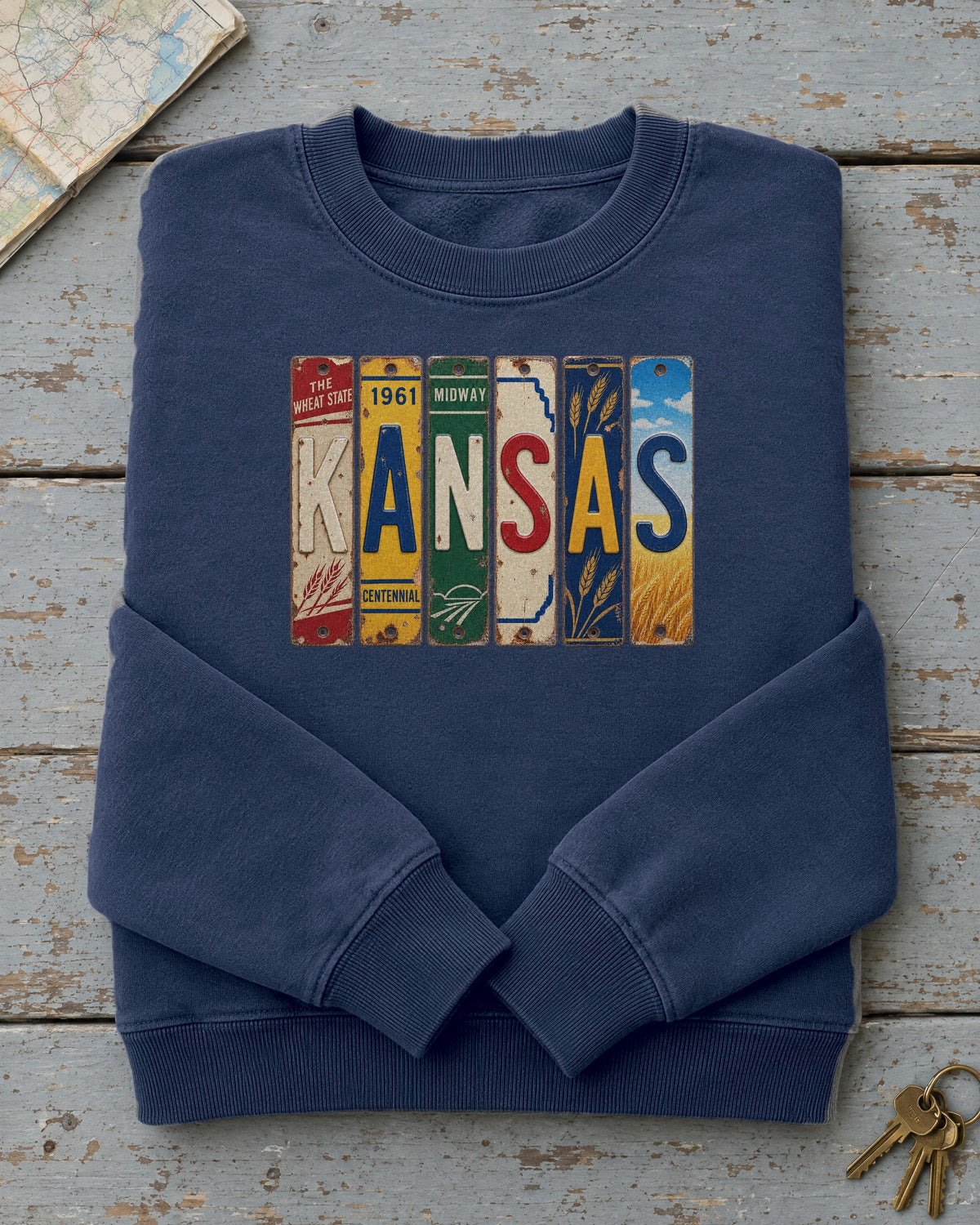 Kansas vintage license plate sweatshirt in True Navy