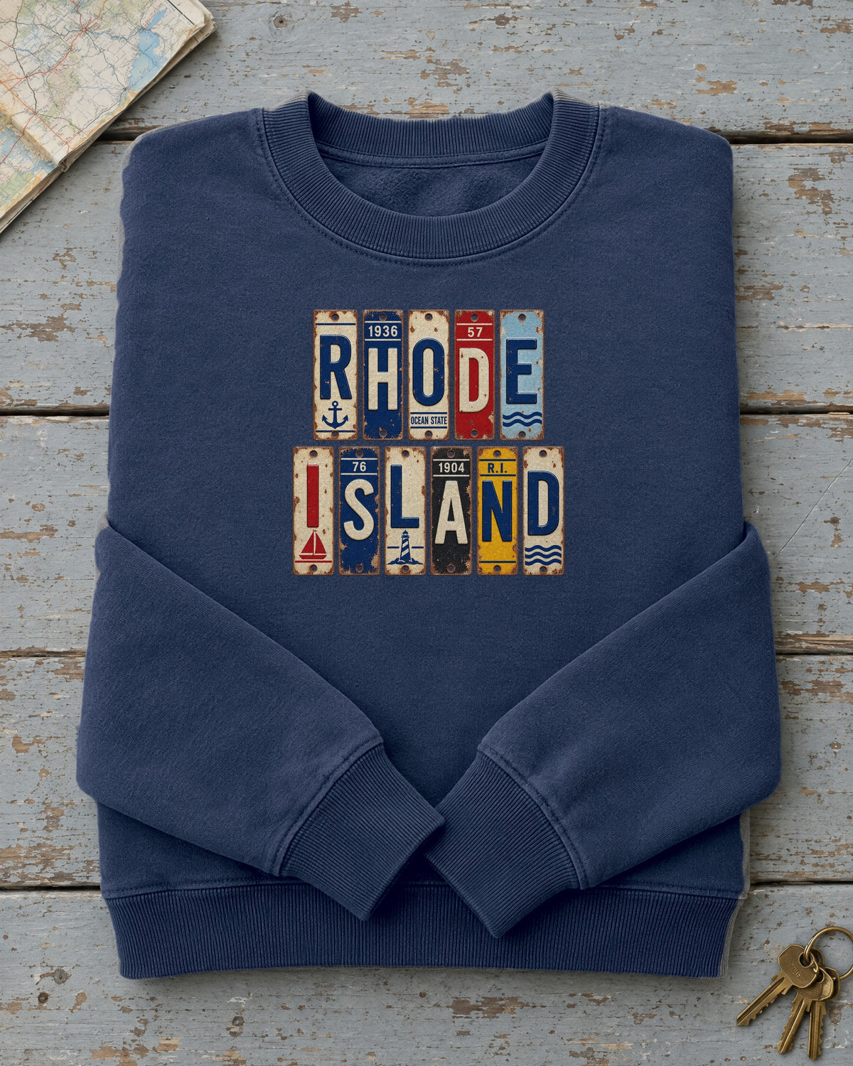 Rhode Island vintage license plate sweatshirt in True Navy
