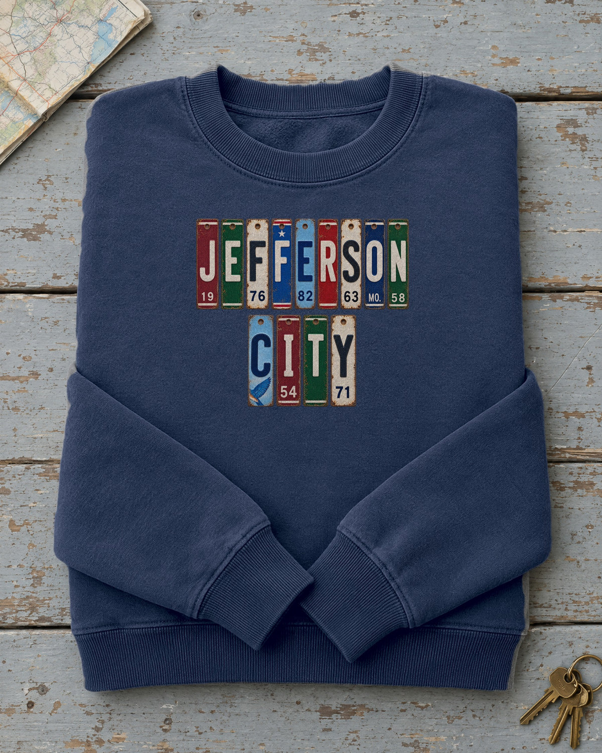 Jefferson City, Missouri vintage license plate sweatshirt in True Navy