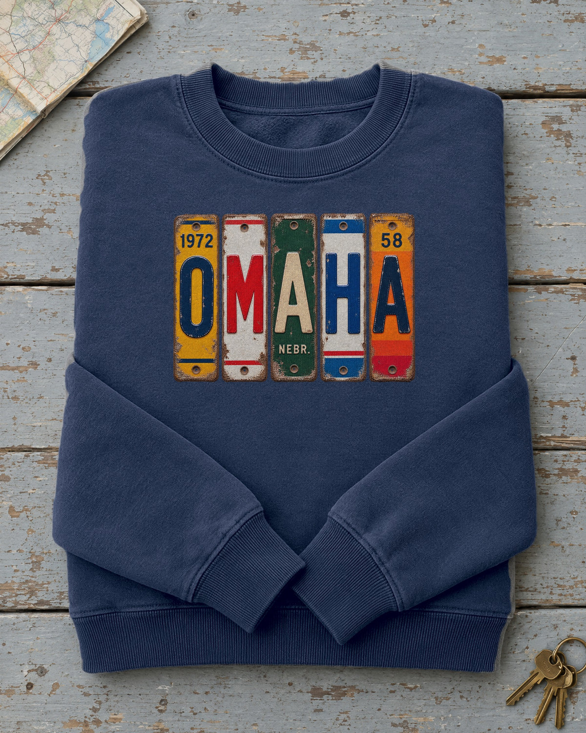 Omaha, Nebraska vintage license plate sweatshirt in True Navy