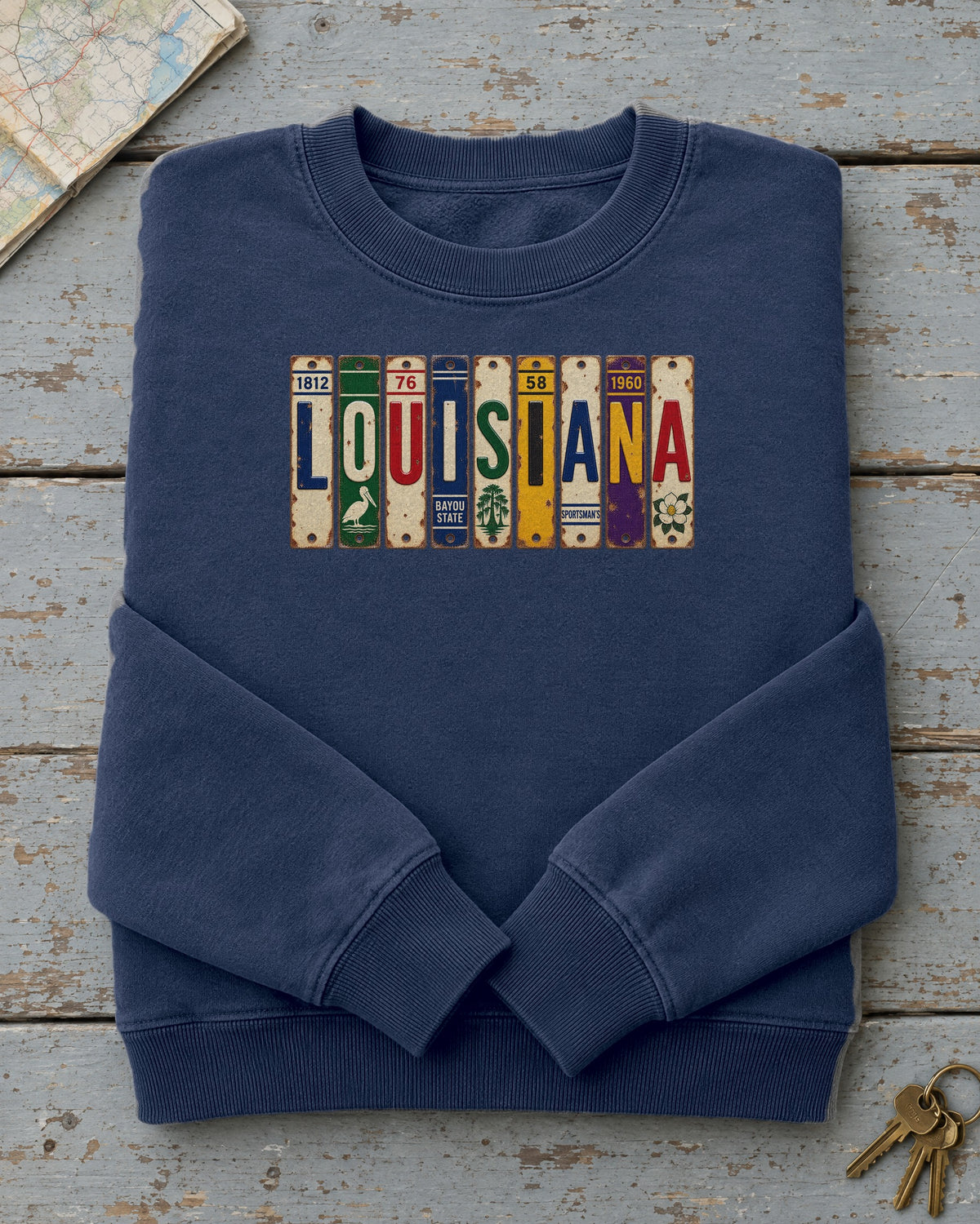 Louisiana vintage license plate sweatshirt in True Navy
