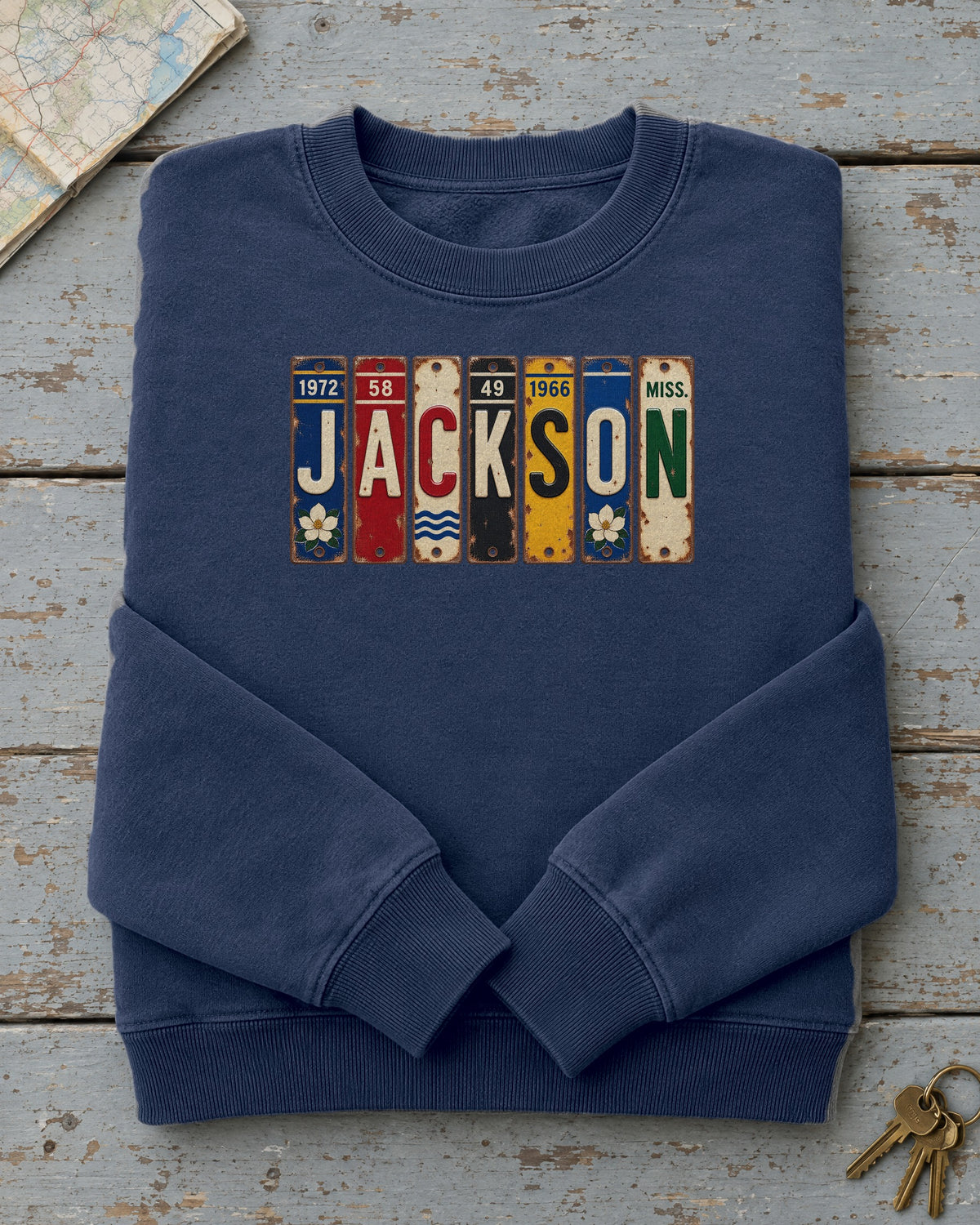 Jackson, Mississippi vintage license plate sweatshirt in True Navy