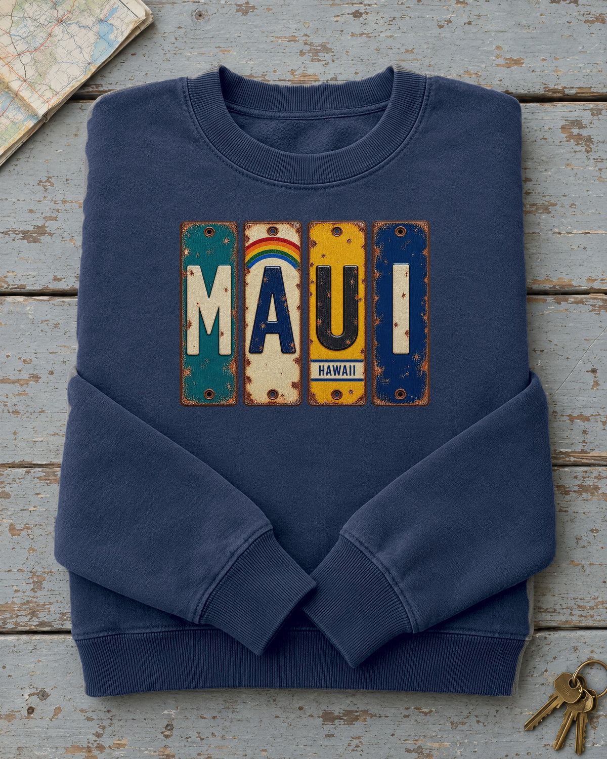 Maui, Hawaii vintage license plate sweatshirt in True Navy