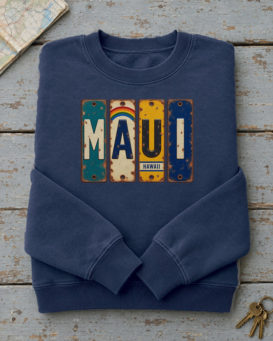 Maui, Hawaii vintage license plate sweatshirt in True Navy