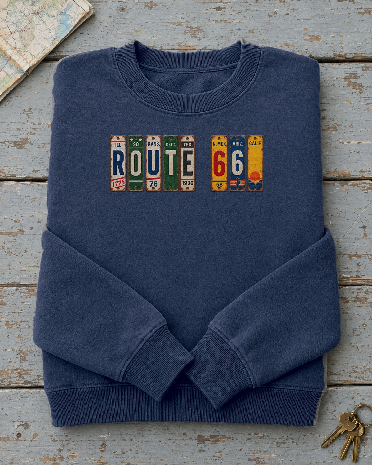 Route 66 vintage license plate sweatshirt in True Navy