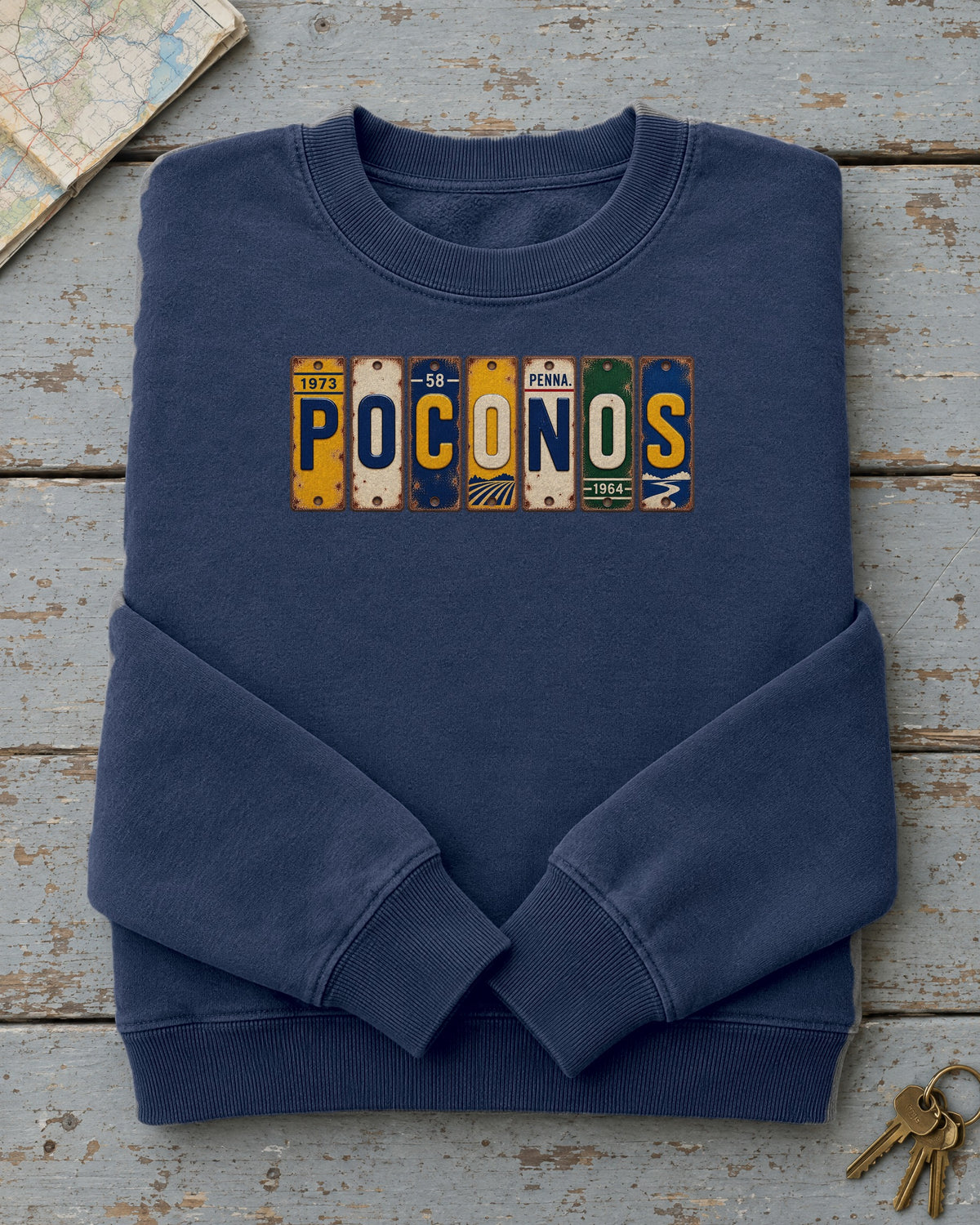 Poconos, Pennsylvania vintage license plate sweatshirt in True Navy