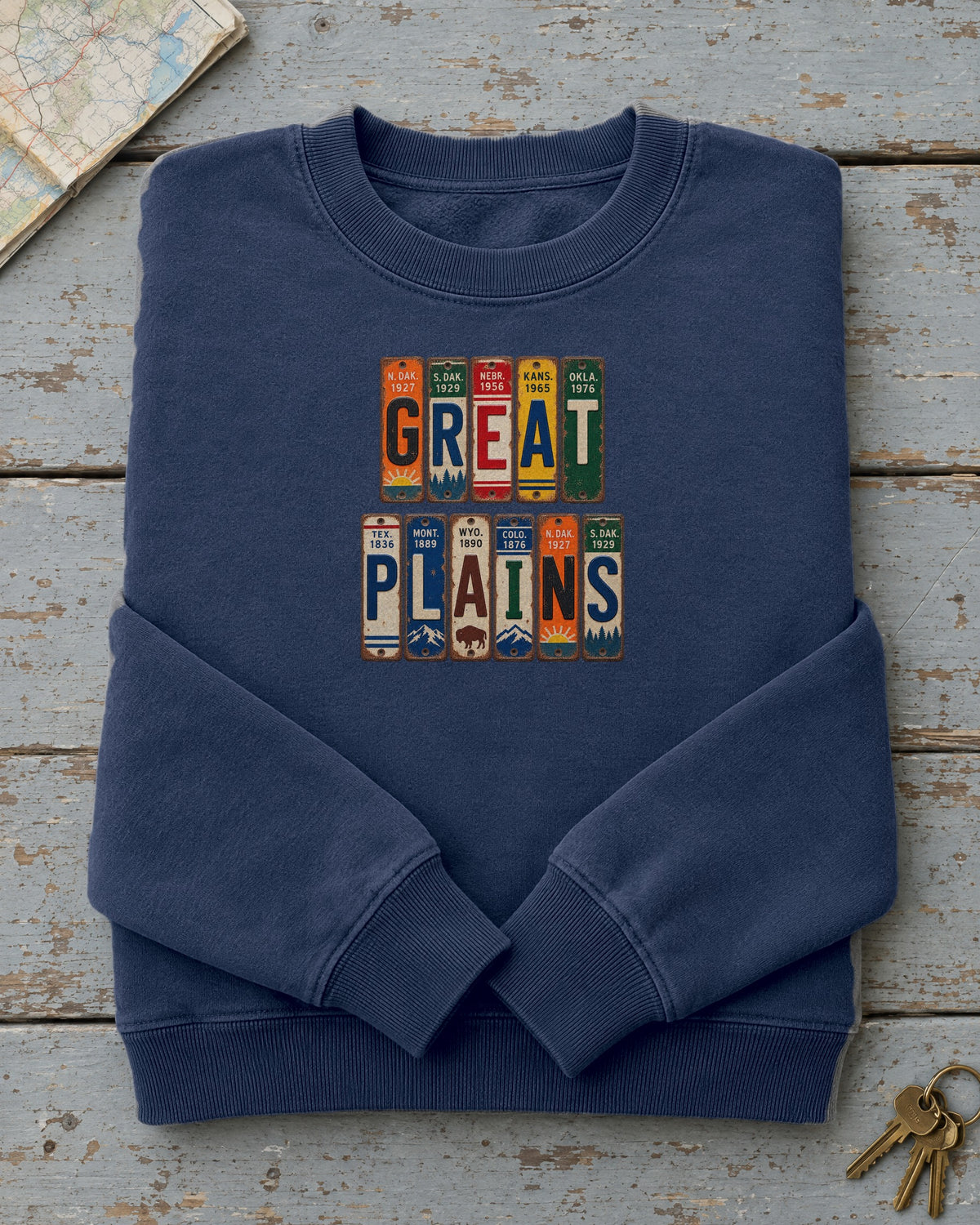 Great Plains vintage license plate sweatshirt in True Navy