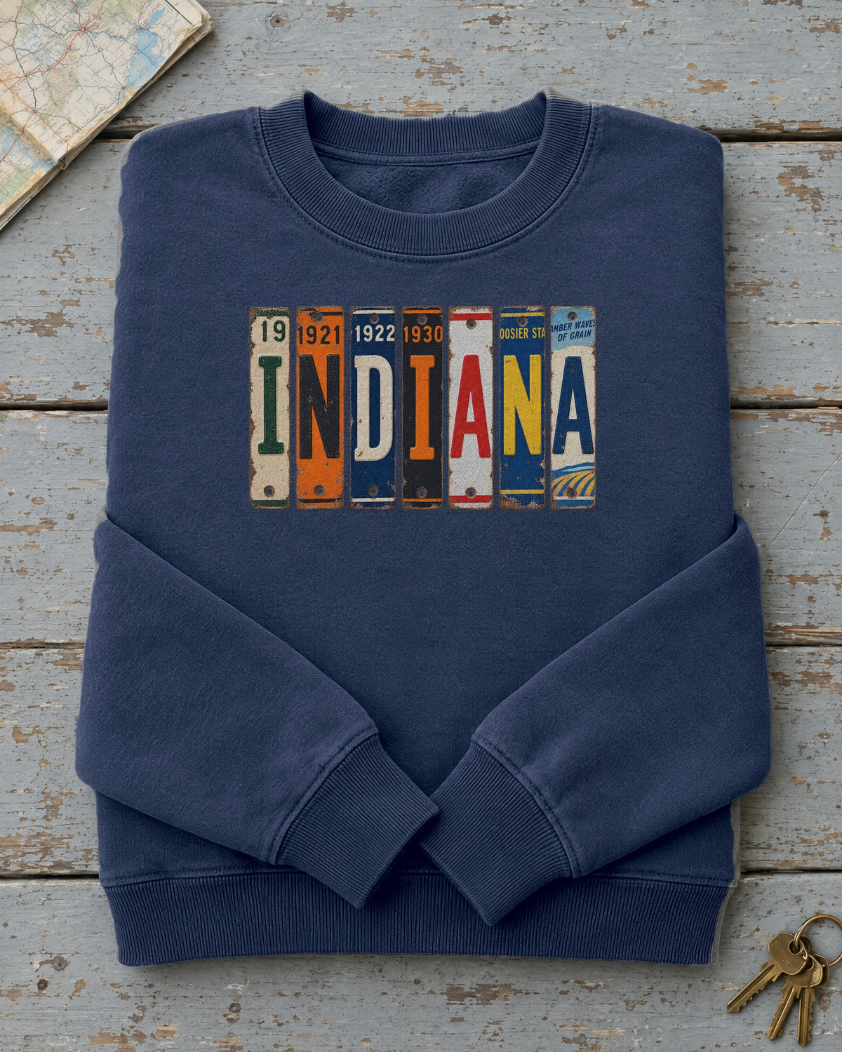 Indiana vintage license plate sweatshirt in True Navy
