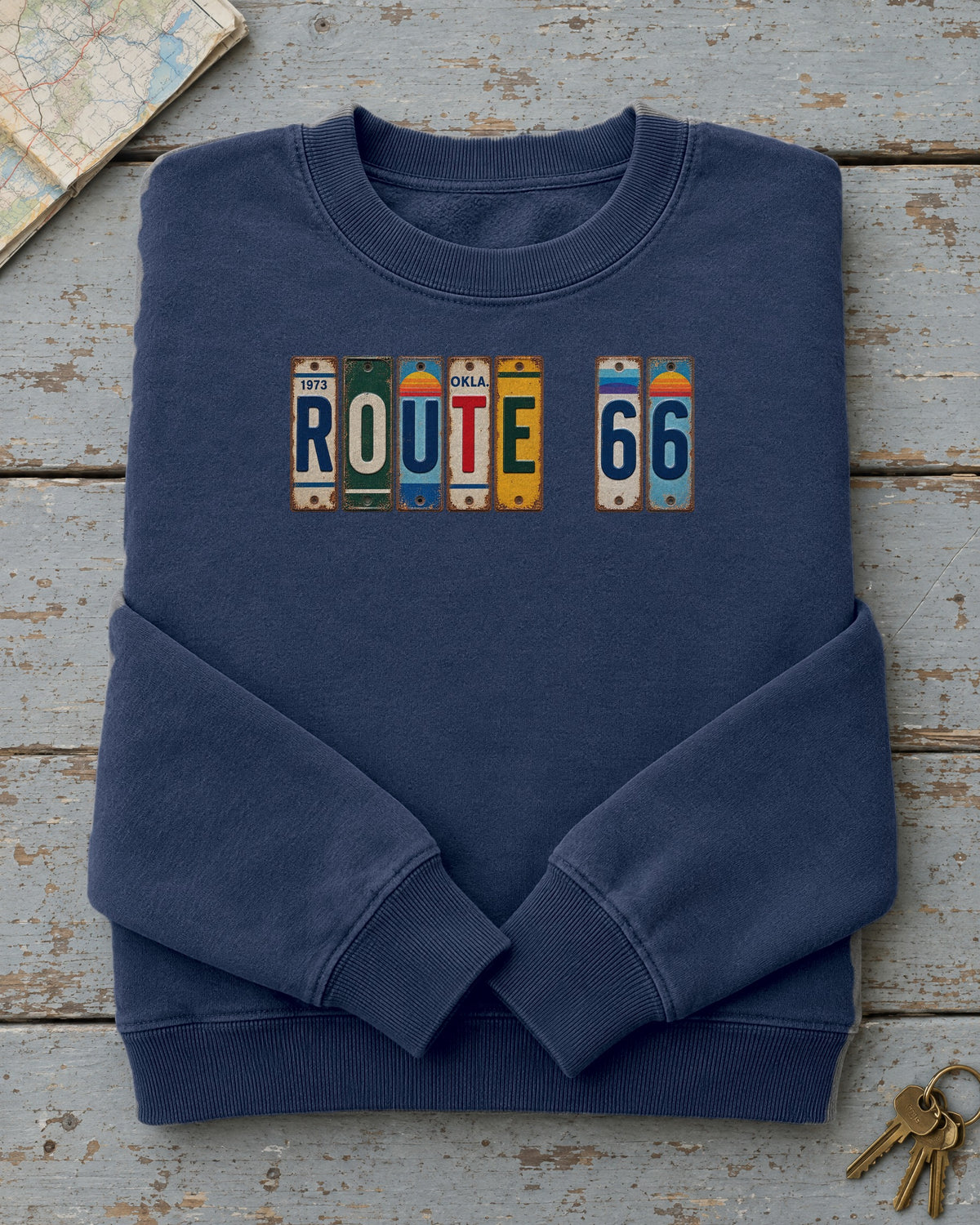 Route 66, Oklahoma vintage license plate sweatshirt in True Navy