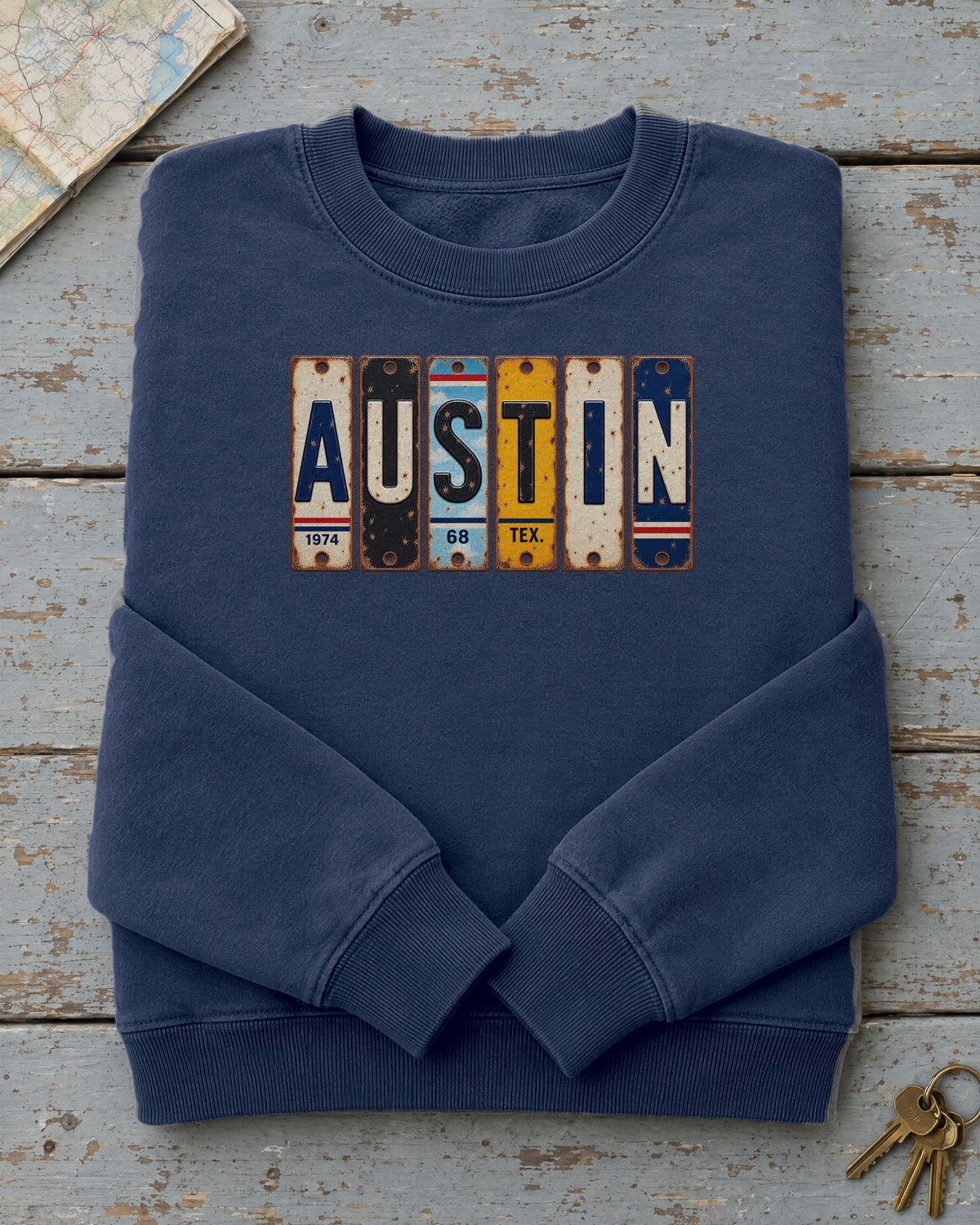 Austin, Texas vintage license plate sweatshirt in True Navy