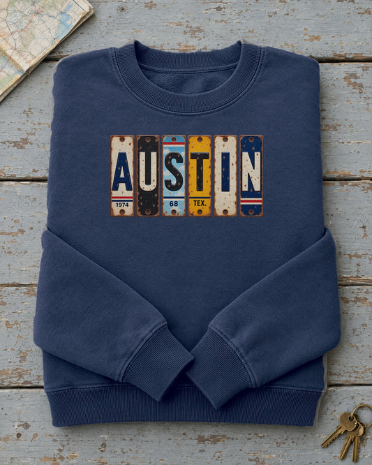Austin, Texas vintage license plate sweatshirt in True Navy