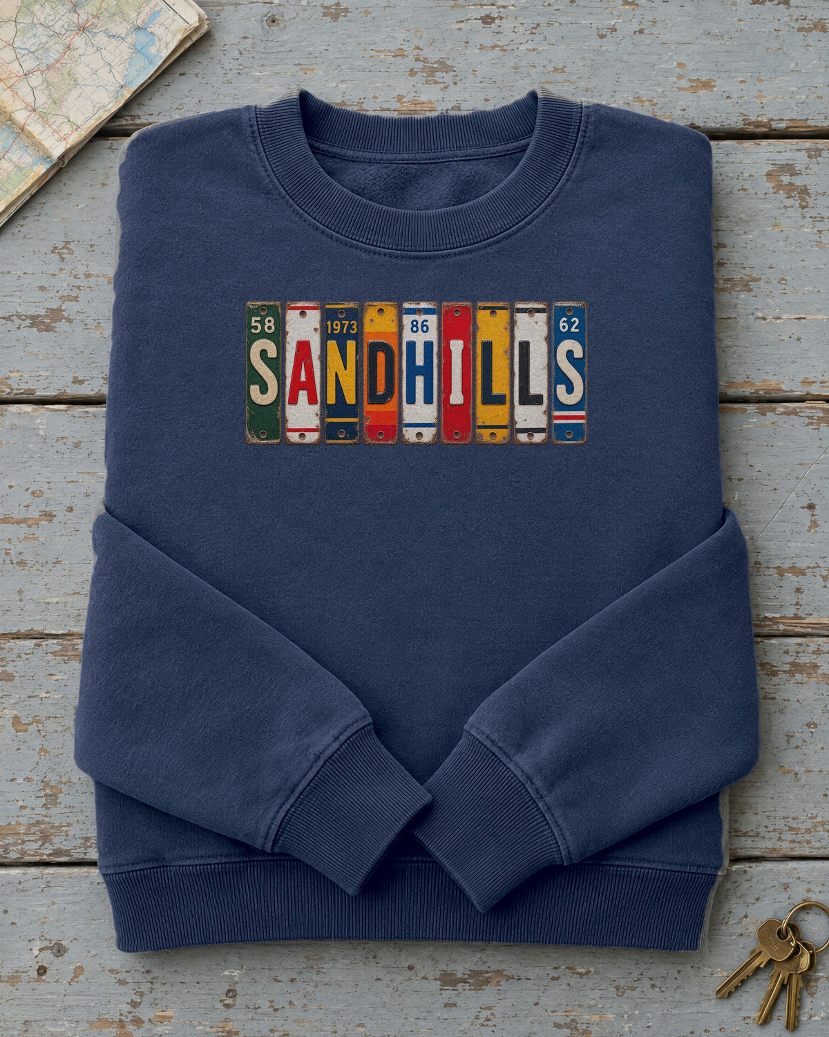 Sandhills, Nebraska vintage license plate sweatshirt in True Navy