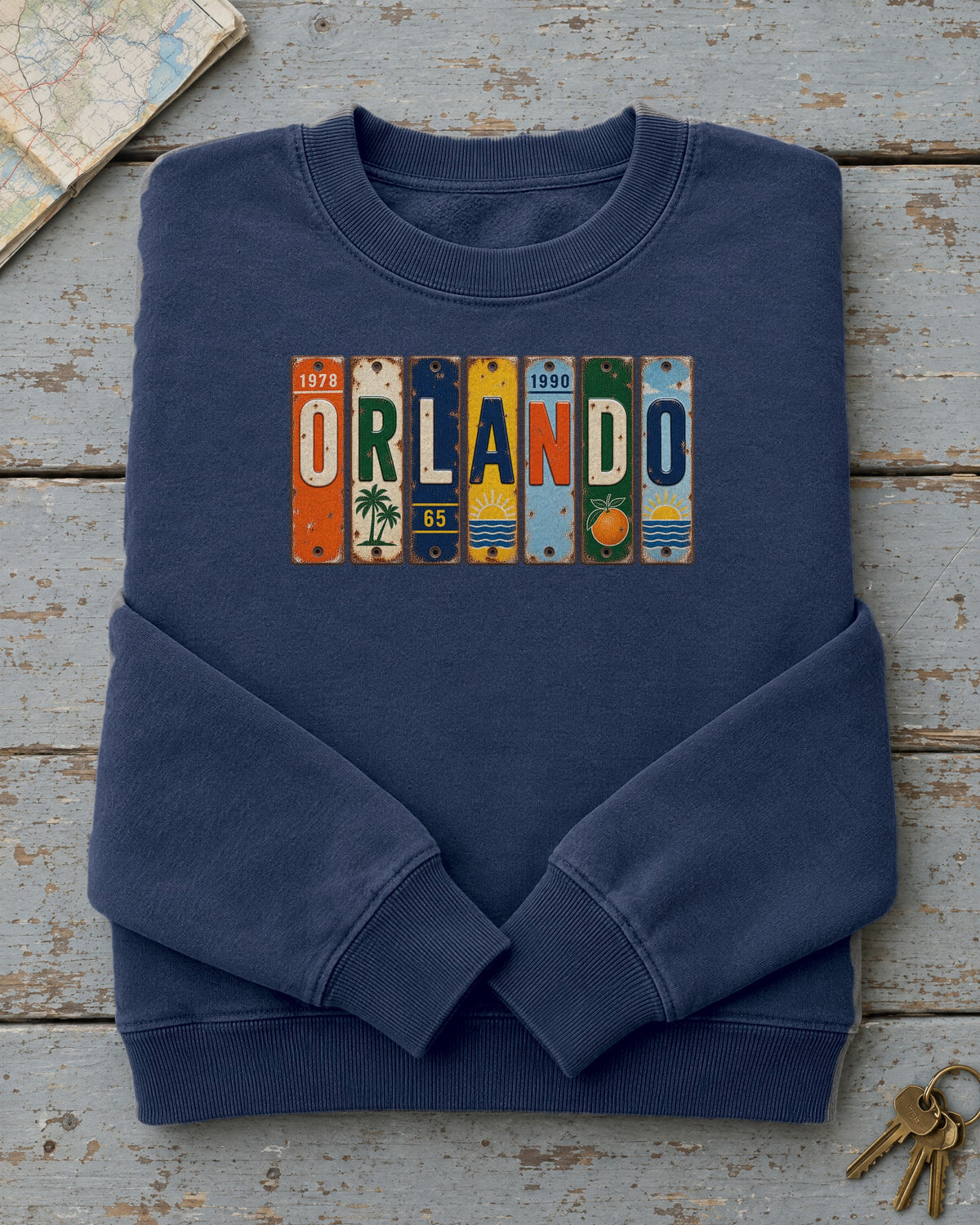 Orlando, Florida vintage license plate sweatshirt in True Navy