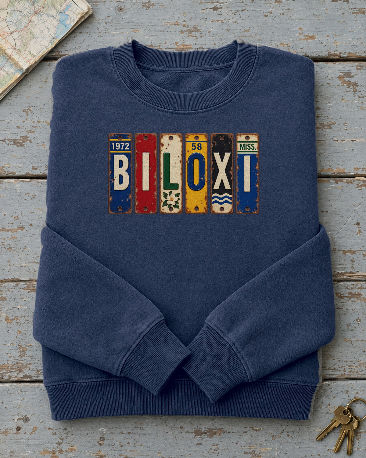 Biloxi, Mississippi vintage license plate sweatshirt in True Navy