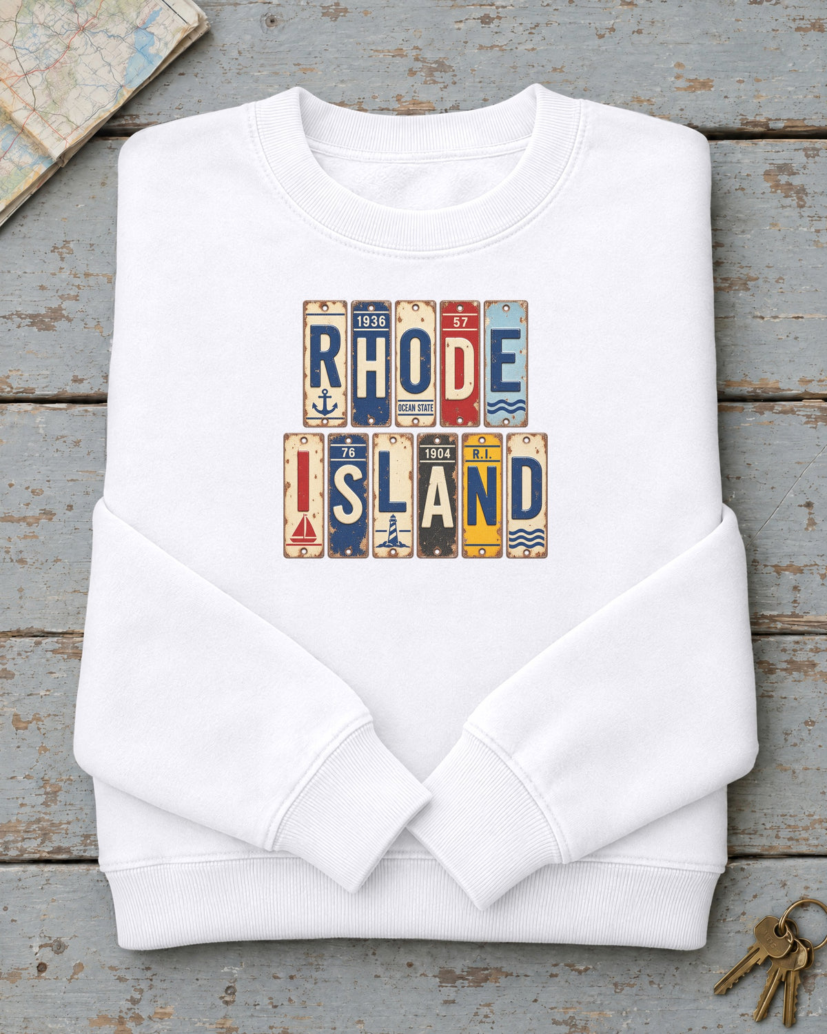 Rhode Island vintage license plate sweatshirt in White