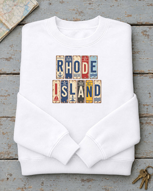 Rhode Island vintage license plate sweatshirt in White