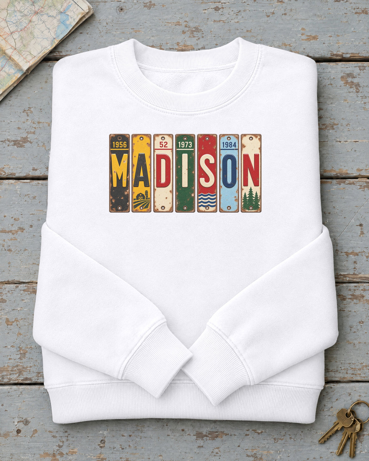 Madison, Wisconsin vintage license plate sweatshirt in White