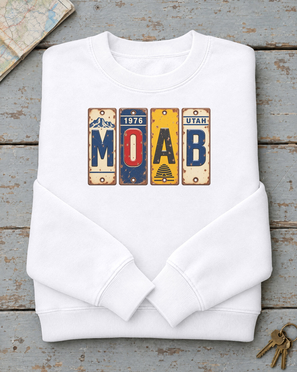 Moab, Utah vintage license plate sweatshirt in White