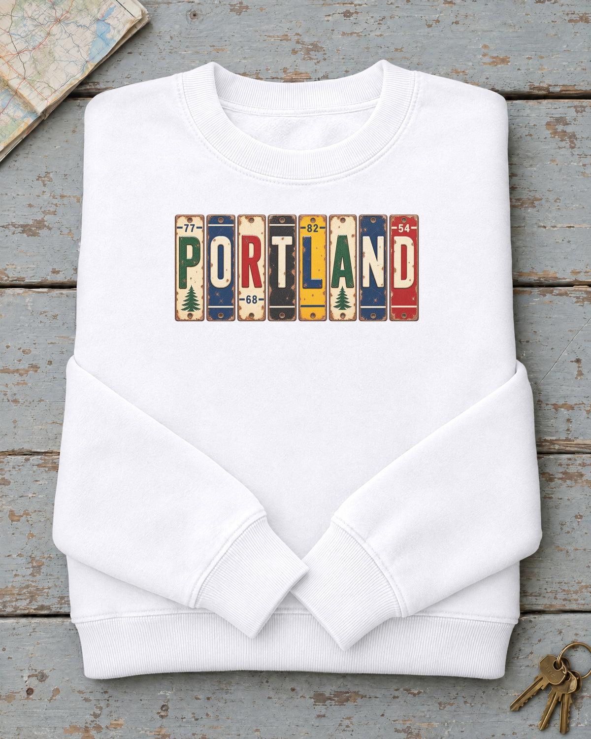 Portland, Maine vintage license plate sweatshirt in White
