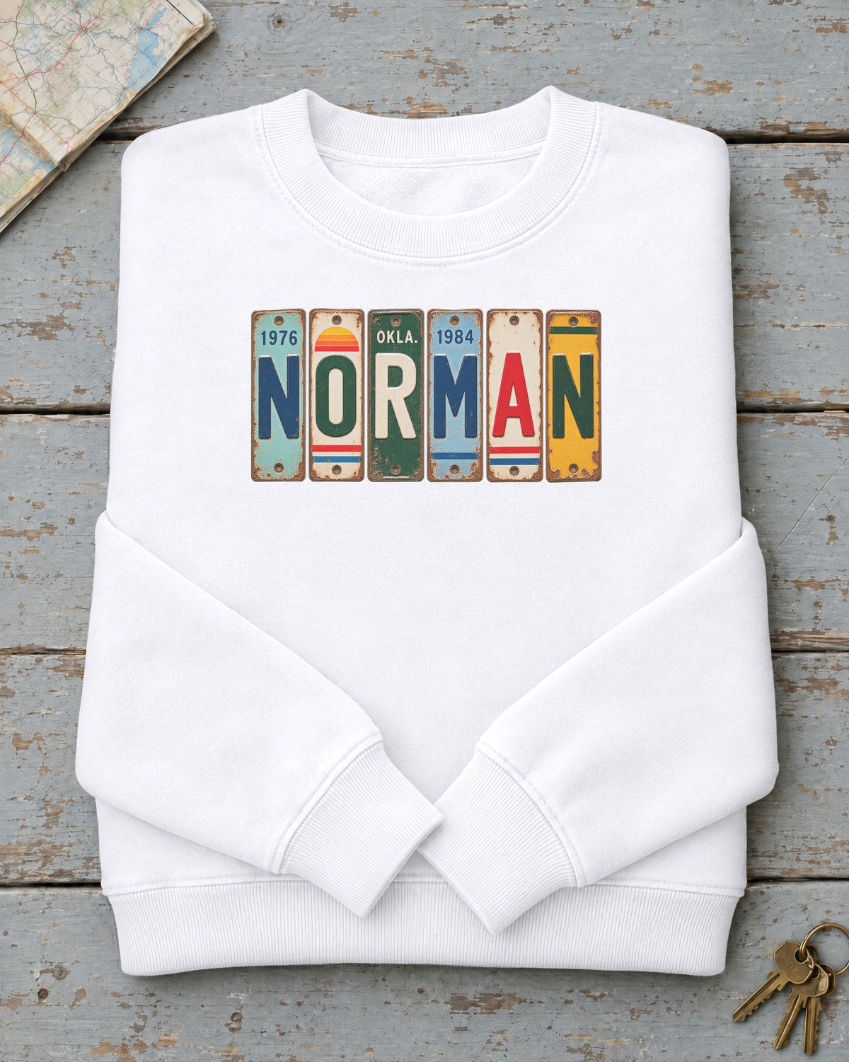 Norman, Oklahoma vintage license plate sweatshirt in White